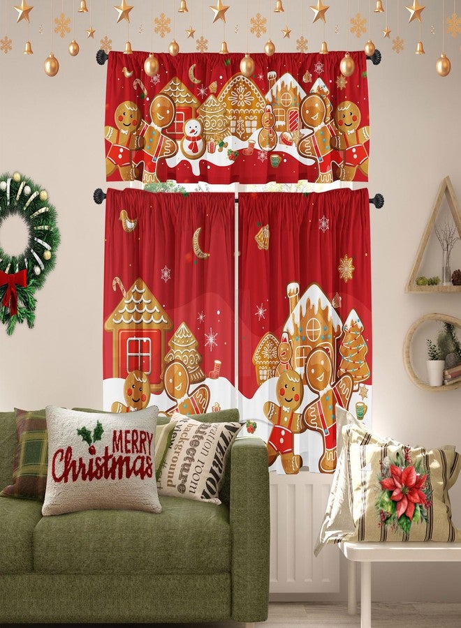 Deztibos Christmas Valance for Windows Rod Pocket Short Curtains Gingerbread Man Merry Christmas Kitchen Valances Window Treatments,52 x 18，26x36 inch Three-Piece Set. - Image 3